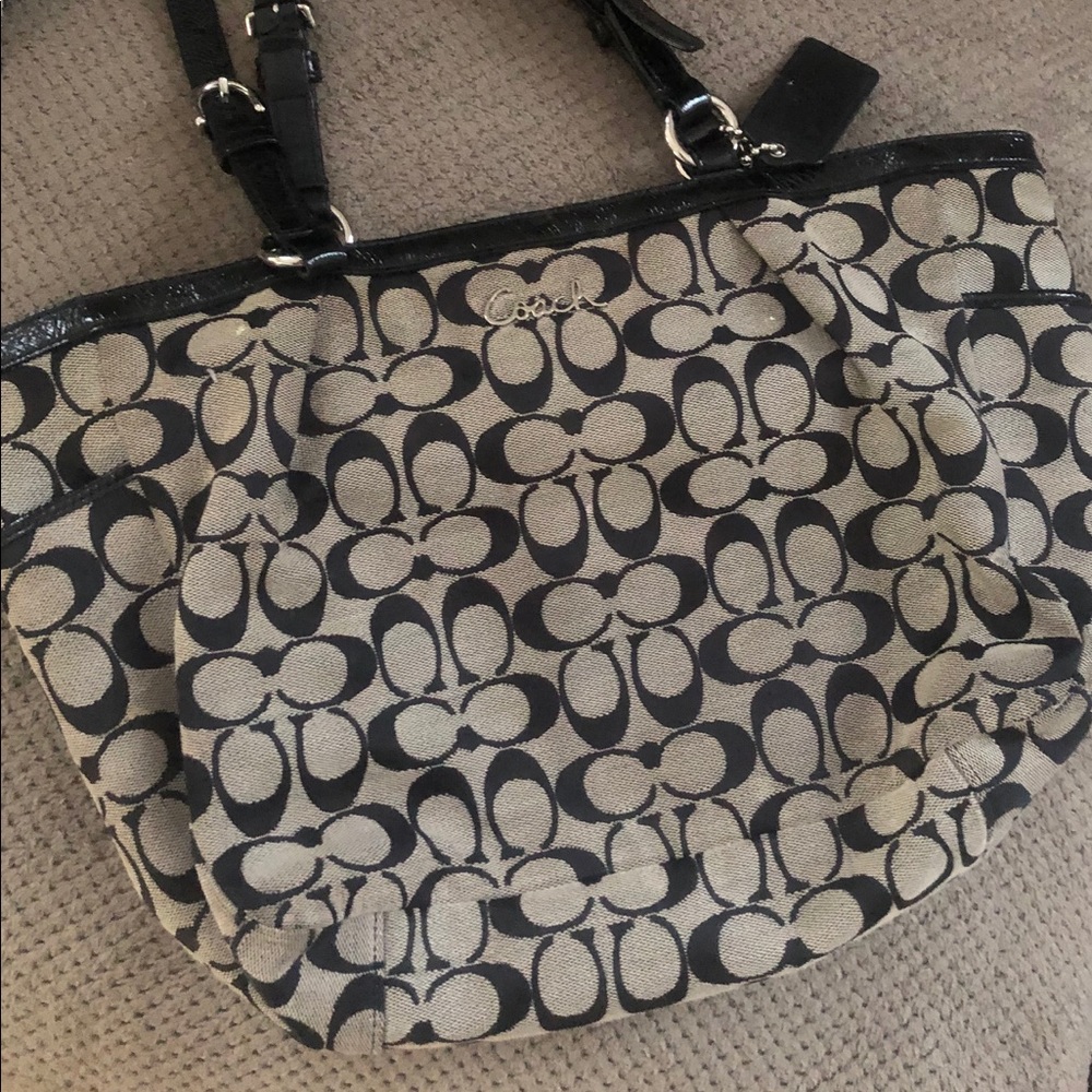 Coach black/gray monogram tote bag.